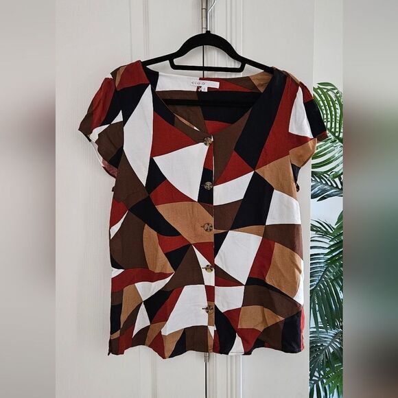 Cleo Abstract Button-Down Shirt - Red, Black, Brown - Picture 1 of 3